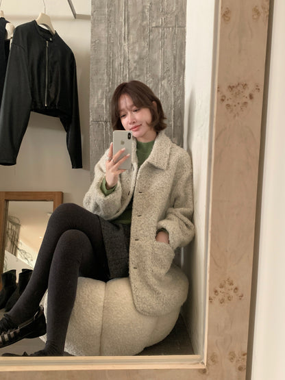 CGC15296-17B 毛毛外套秋冬寬鬆中長款翻領單排扣大衣(3色)