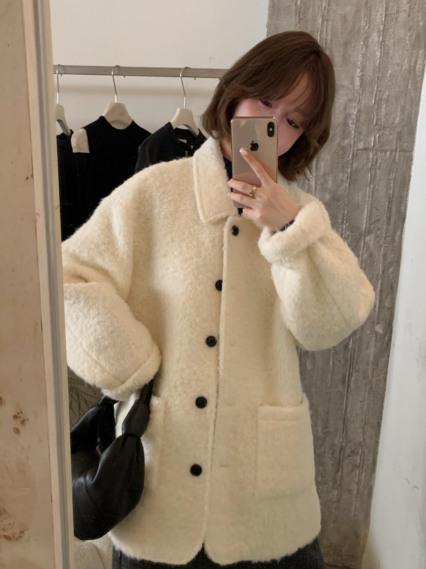 CGC15296-17B 毛毛外套秋冬寬鬆中長款翻領單排扣大衣(3色)