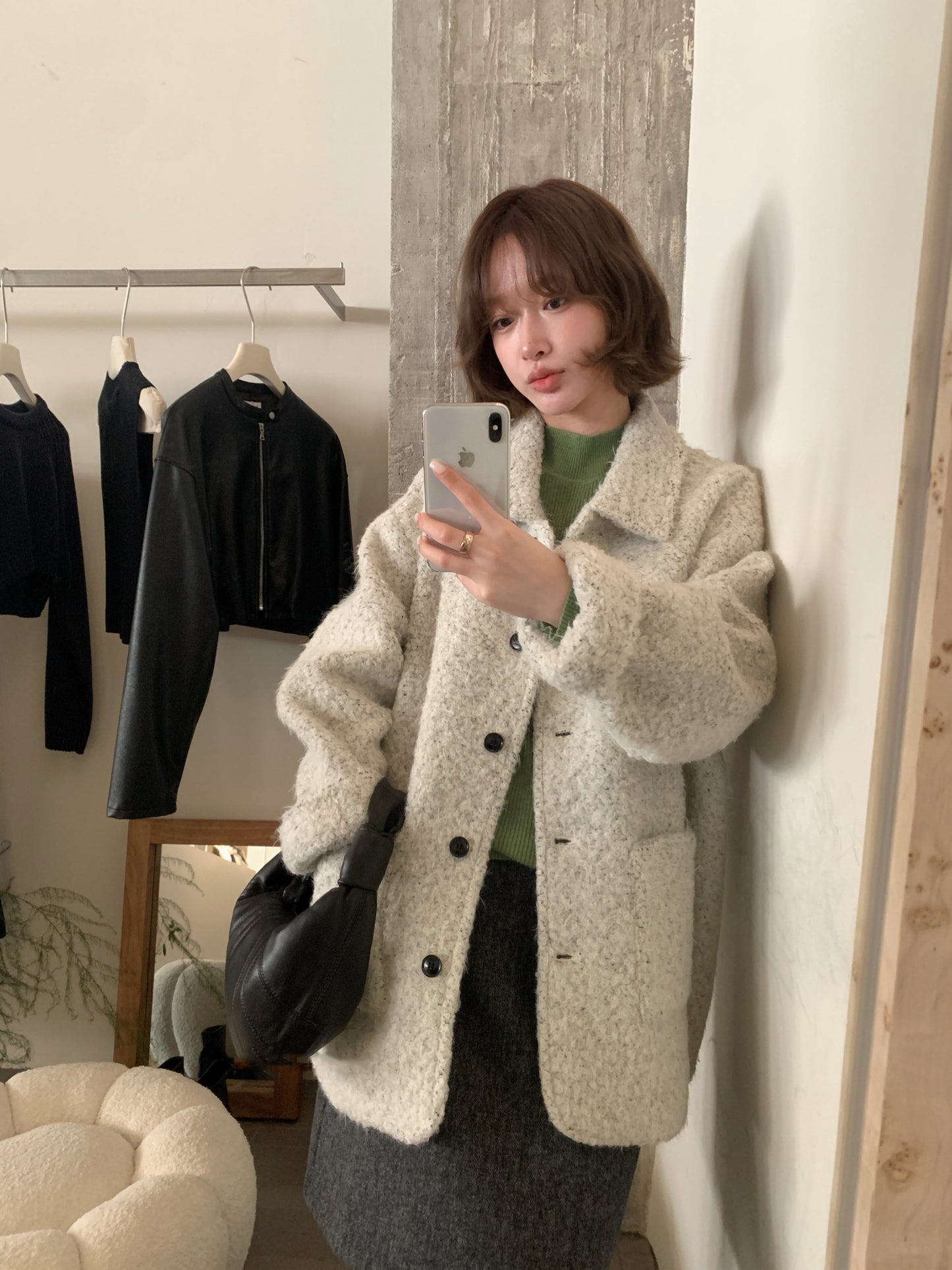 CGC15296-17B 毛毛外套秋冬寬鬆中長款翻領單排扣大衣(3色)