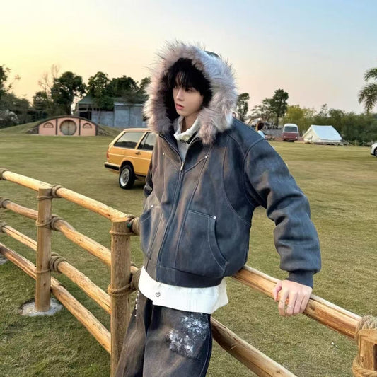 CBC3030-54B 紮染秋冬季加厚棉衣連帽毛領夾克外套(2色)