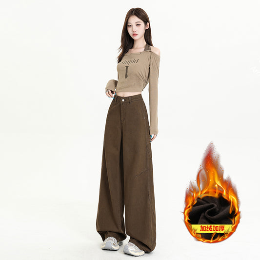 CGA66039-11B 厚絨棕咖色美式水洗做舊牛仔褲寬鬆直筒闊腿褲（常規.加絨款)