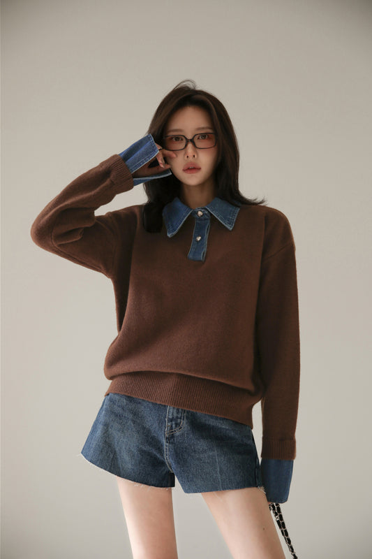 CGD6904-52B 秋冬牛仔POLO翻領拼接假兩件毛衣(3色)