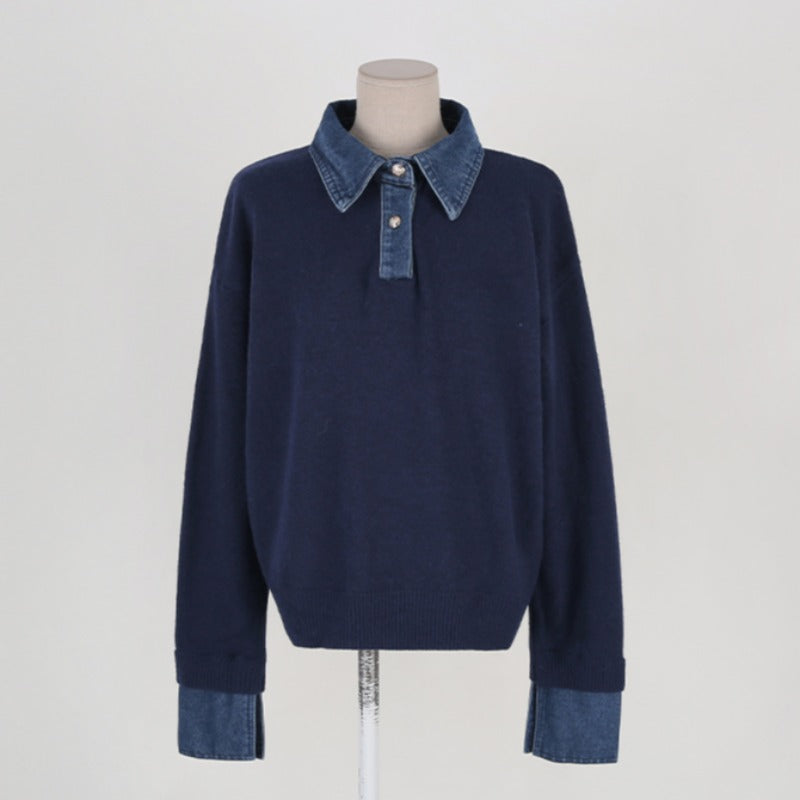 CGD6904-52B 秋冬牛仔POLO翻領拼接假兩件毛衣(3色)