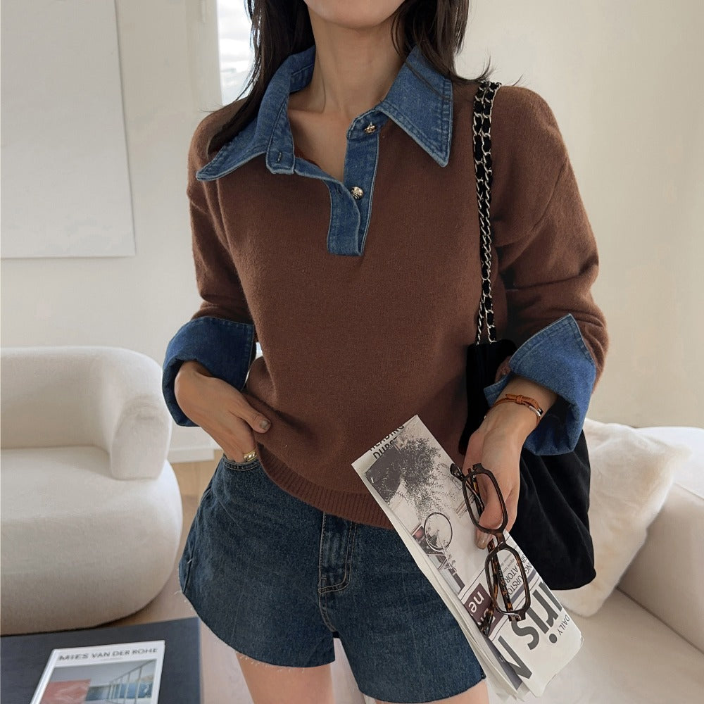 CGD6904-52B 秋冬牛仔POLO翻領拼接假兩件毛衣(3色)