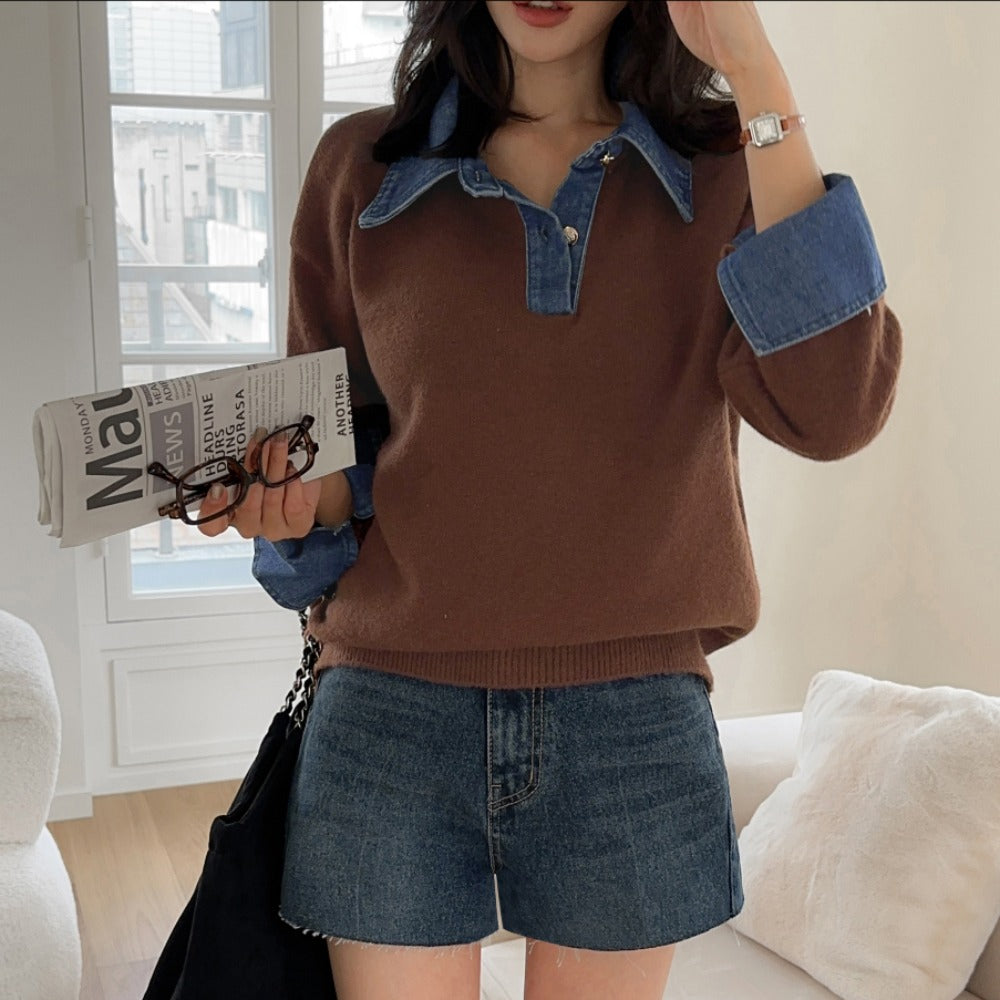 CGD6904-52B 秋冬牛仔POLO翻領拼接假兩件毛衣(3色)