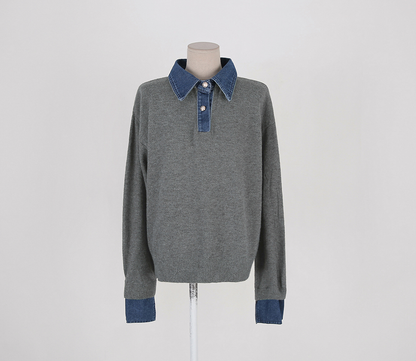 CGD6904-52B 秋冬牛仔POLO翻領拼接假兩件毛衣(3色)