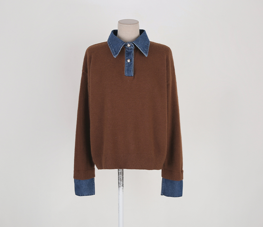 CGD6904-52B 秋冬牛仔POLO翻領拼接假兩件毛衣(3色)