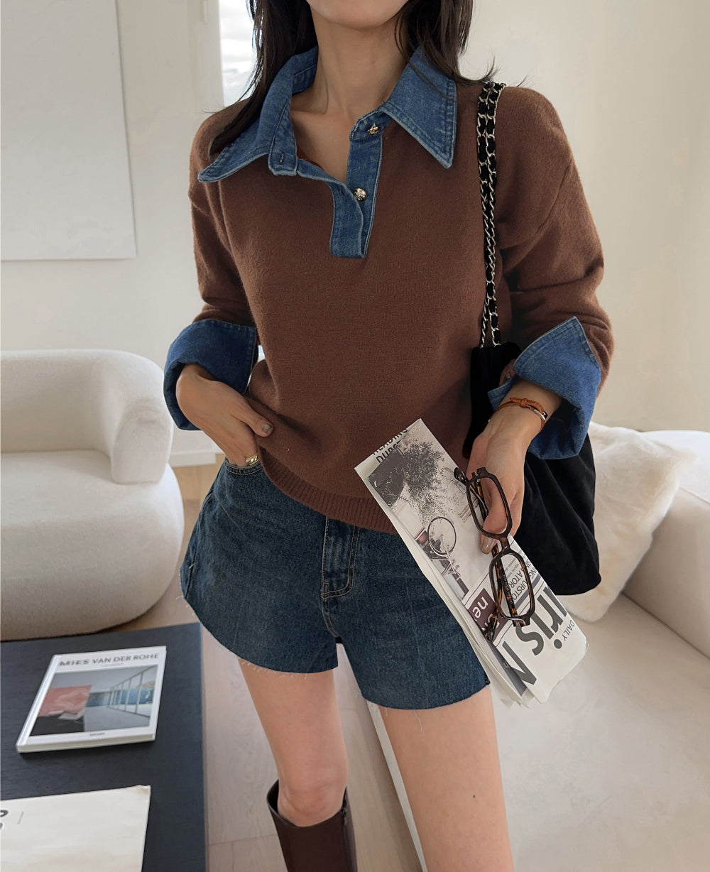 CGD6904-52B 秋冬牛仔POLO翻領拼接假兩件毛衣(3色)