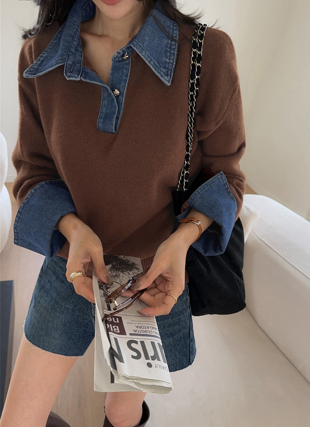 CGD6904-52B 秋冬牛仔POLO翻領拼接假兩件毛衣(3色)