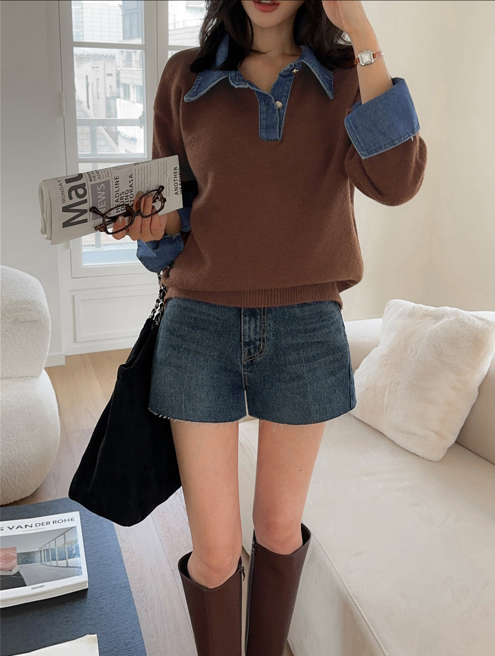 CGD6904-52B 秋冬牛仔POLO翻領拼接假兩件毛衣(3色)