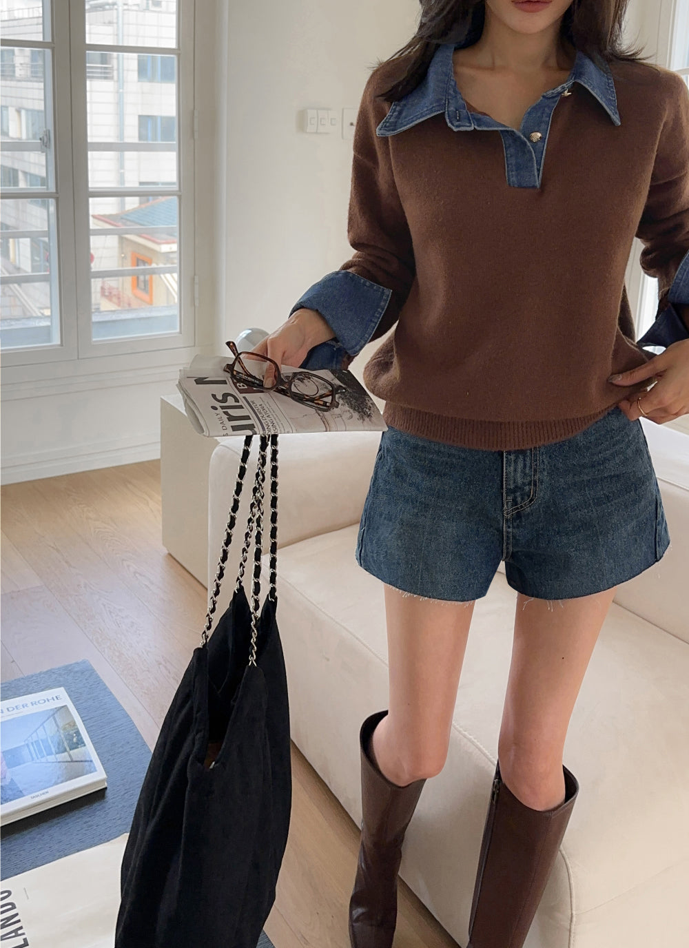 CGD6904-52B 秋冬牛仔POLO翻領拼接假兩件毛衣(3色)