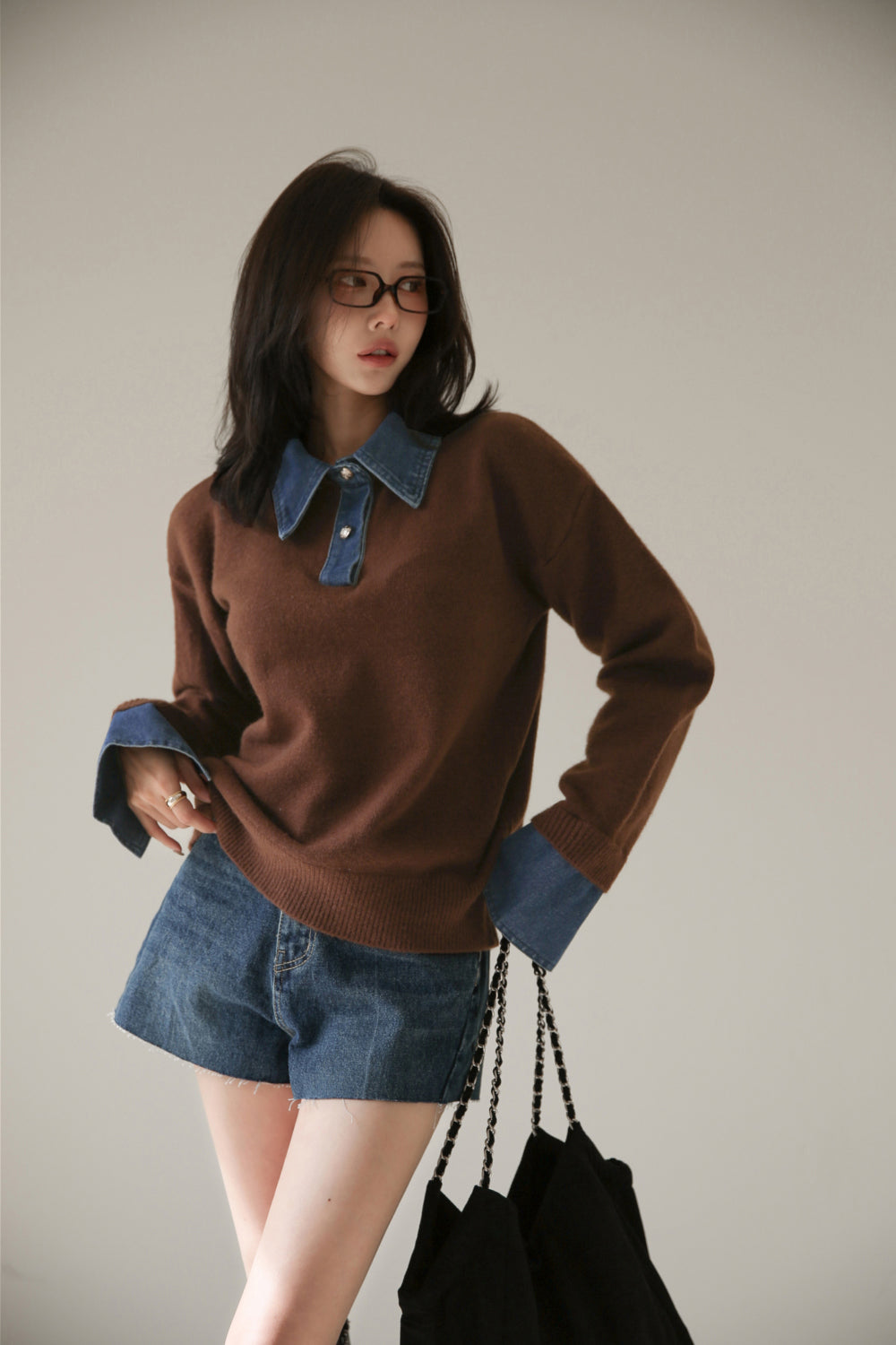 CGD6904-52B 秋冬牛仔POLO翻領拼接假兩件毛衣(3色)