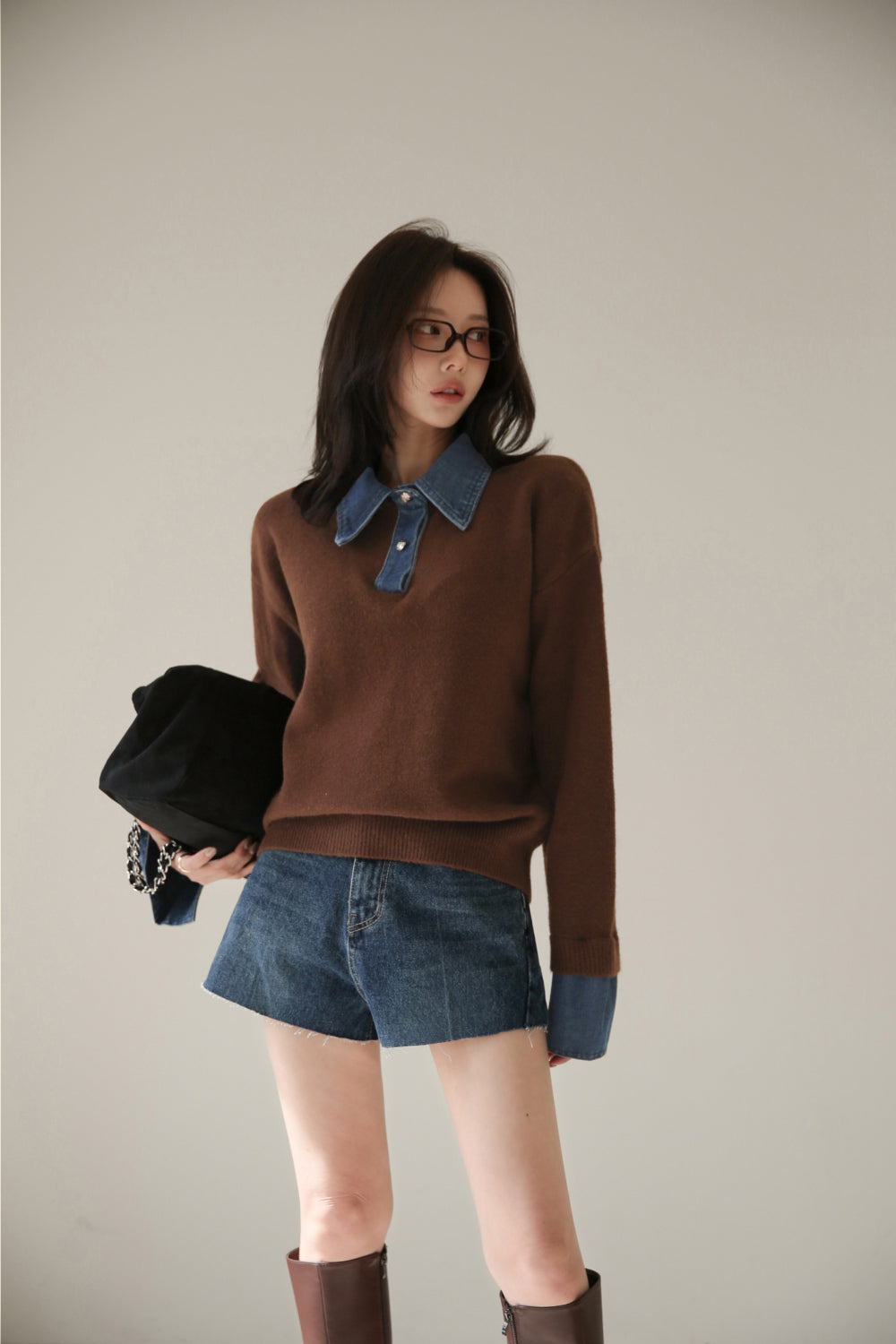 CGD6904-52B 秋冬牛仔POLO翻領拼接假兩件毛衣(3色)