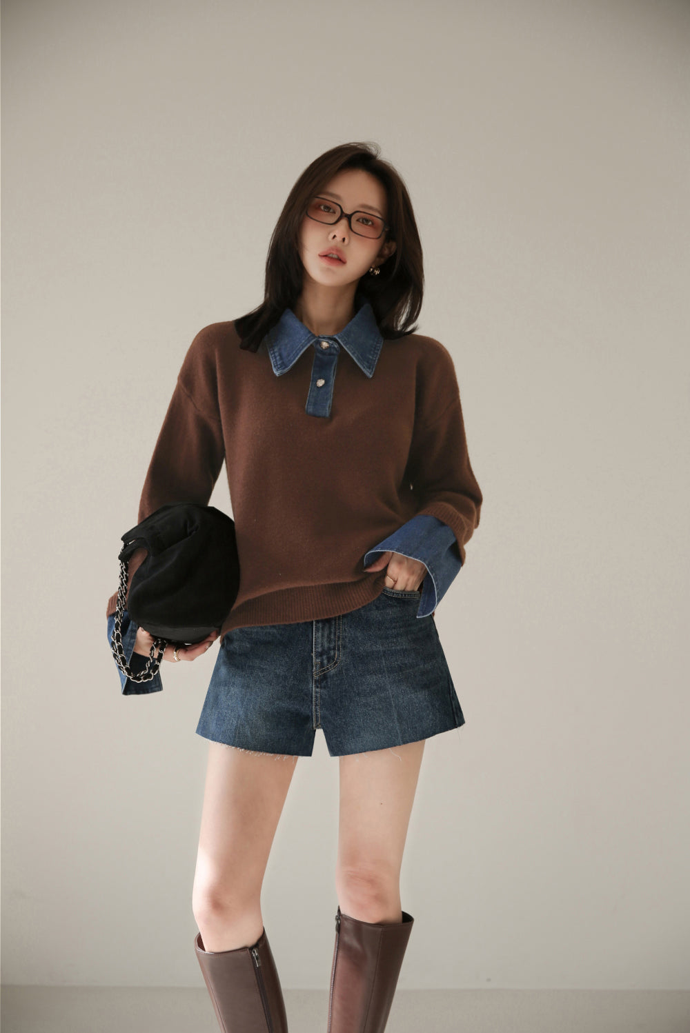 CGD6904-52B 秋冬牛仔POLO翻領拼接假兩件毛衣(3色)