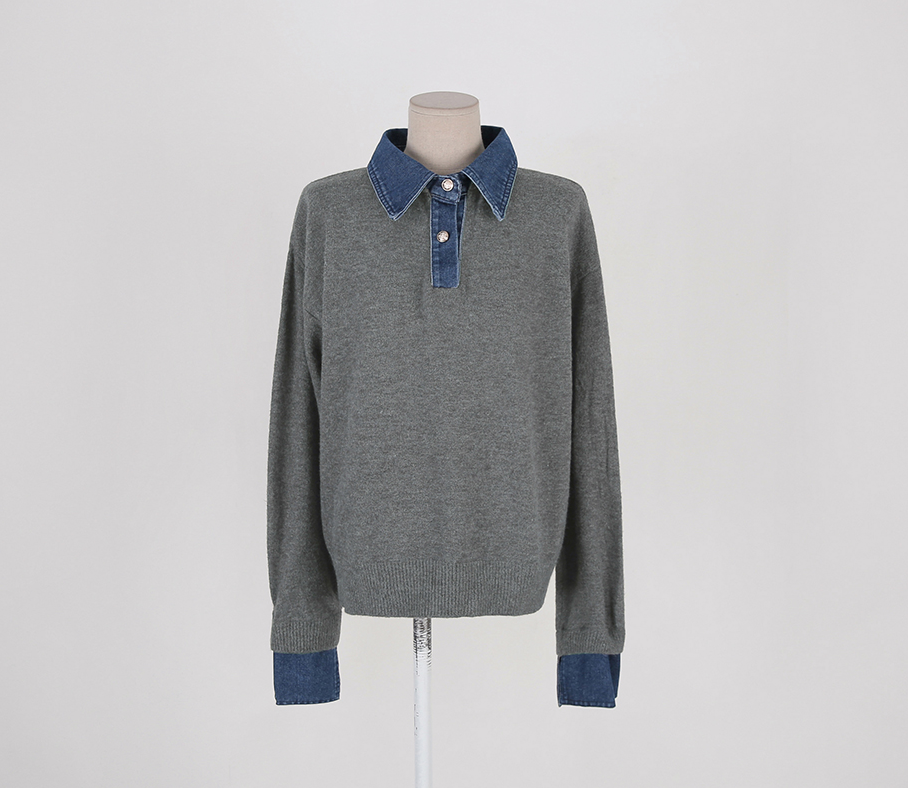 CGD6904-52B 秋冬牛仔POLO翻領拼接假兩件毛衣(3色)