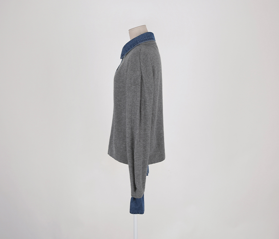 CGD6904-52B 秋冬牛仔POLO翻領拼接假兩件毛衣(3色)