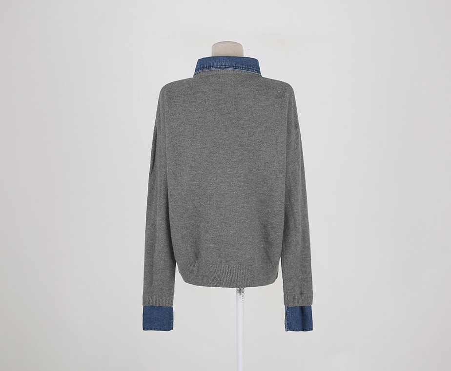 CGD6904-52B 秋冬牛仔POLO翻領拼接假兩件毛衣(3色)