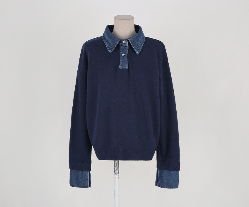 CGD6904-52B 秋冬牛仔POLO翻領拼接假兩件毛衣(3色)