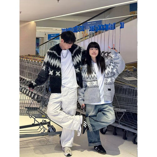 CBC3113-54B 復古撞色冬季寬鬆加厚針織衫外套(2色.男女同款)