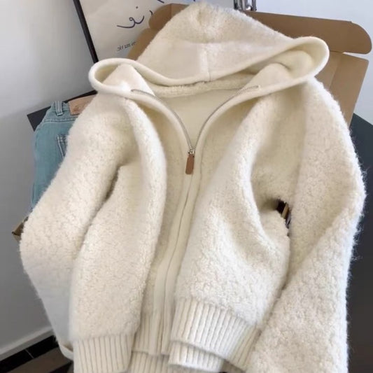 CGC522111-54B 白色羊羔絨連帽拉鍊開衫毛衣
