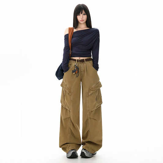 CGA70630-11B 復古軍綠休閒秋季皺褶直筒寬鬆闊腿工裝褲(4色)
