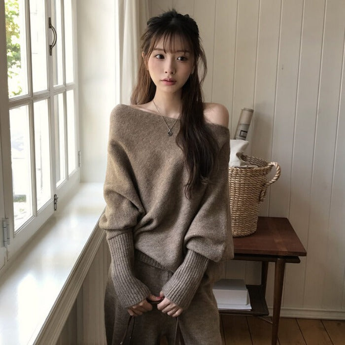 CGD3457-77B 秋冬一字領落肩+闊腿顯瘦長褲針織兩件套套裝