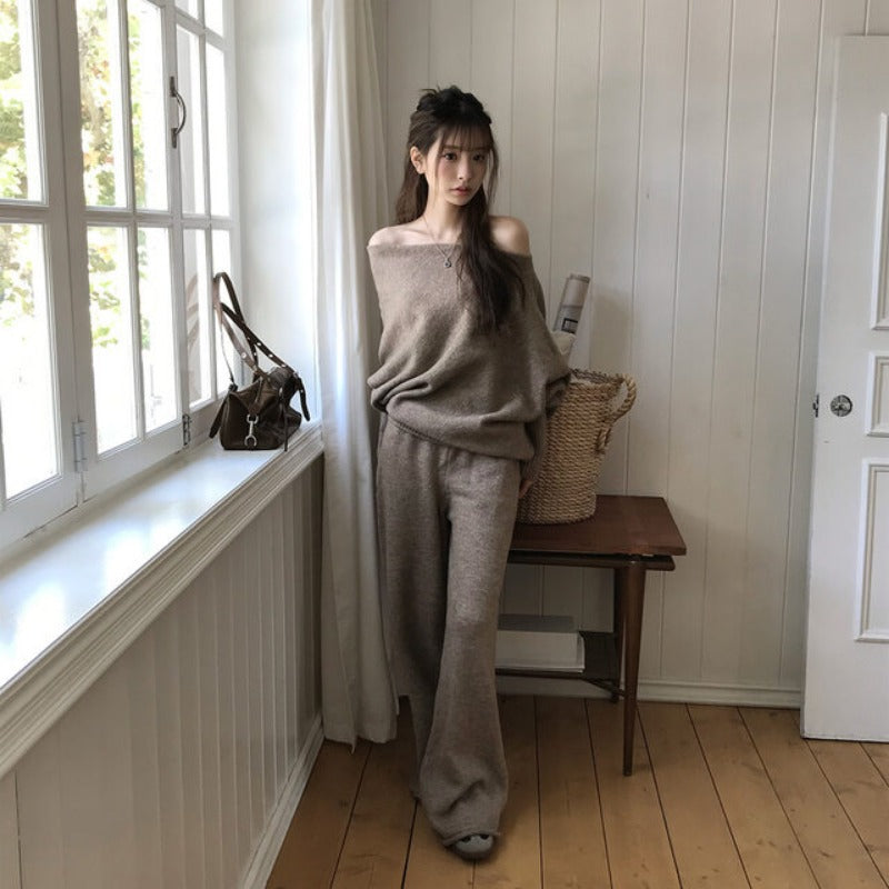 CGD3457-77B 秋冬一字領落肩+闊腿顯瘦長褲針織兩件套套裝