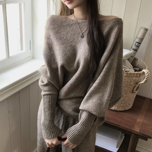 CGD3457-77B 秋冬一字領落肩+闊腿顯瘦長褲針織兩件套套裝