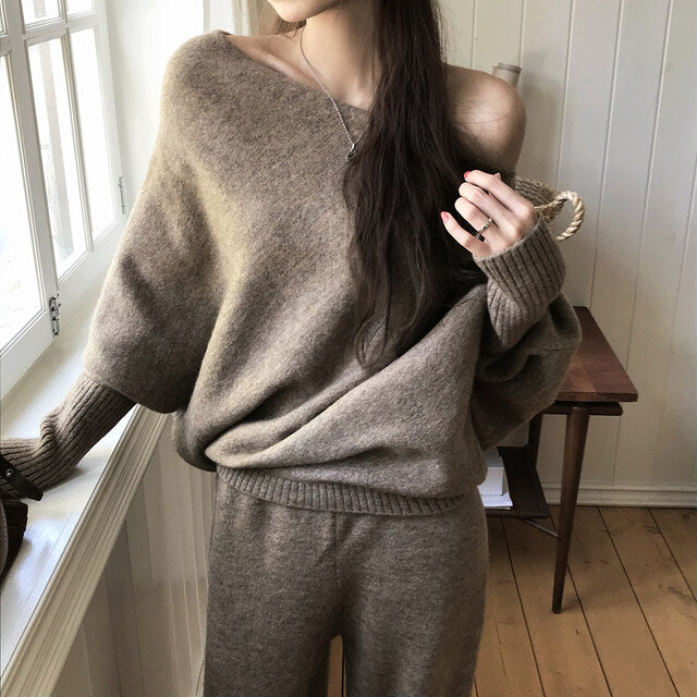 CGD3457-77B 秋冬一字領落肩+闊腿顯瘦長褲針織兩件套套裝