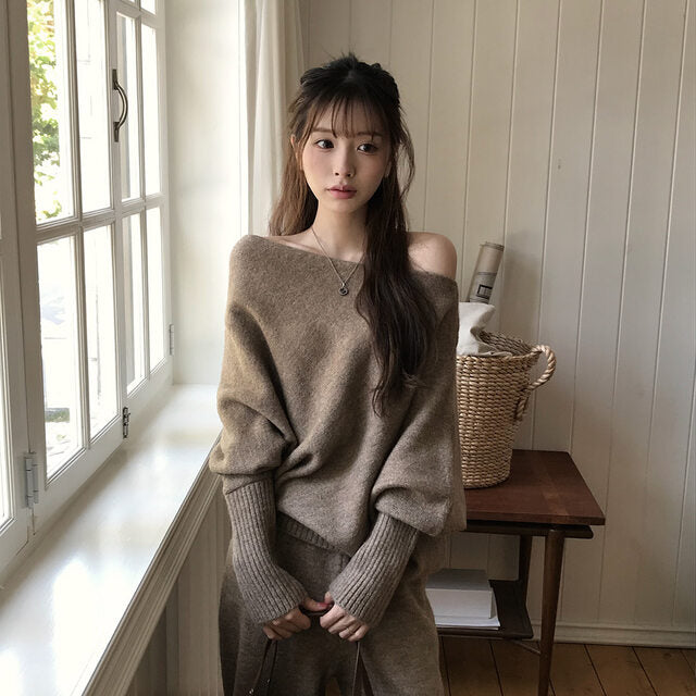 CGD3457-77B 秋冬一字領落肩+闊腿顯瘦長褲針織兩件套套裝