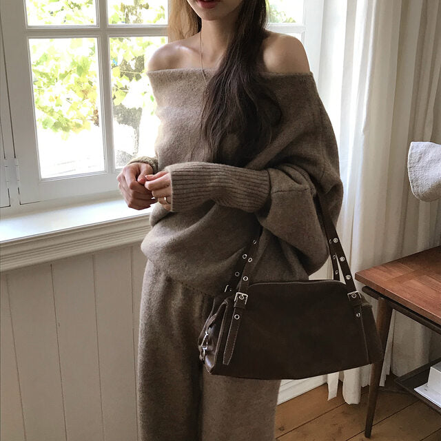 CGD3457-77B 秋冬一字領落肩+闊腿顯瘦長褲針織兩件套套裝