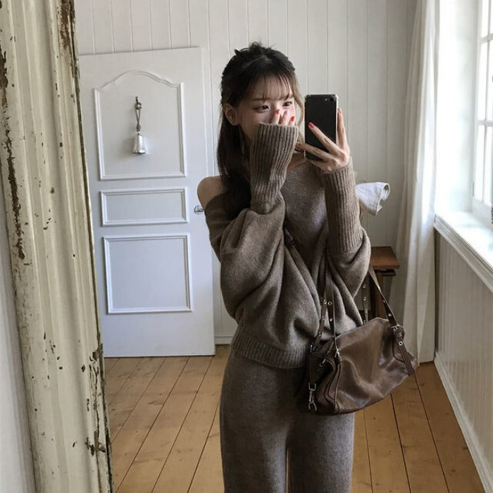 CGD3457-77B 秋冬一字領落肩+闊腿顯瘦長褲針織兩件套套裝