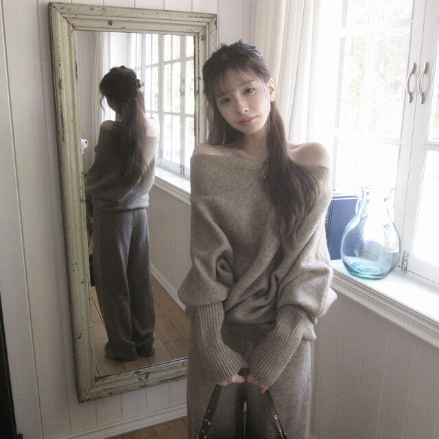 CGD3457-77B 秋冬一字領落肩+闊腿顯瘦長褲針織兩件套套裝