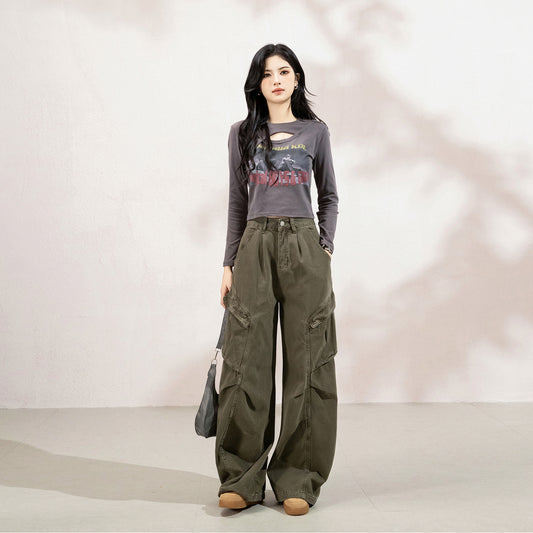 CGA07063-11B 復古軍綠休閒工裝褲秋季皺褶直筒寬鬆闊腿拖地褲(2色.常規.加長款)