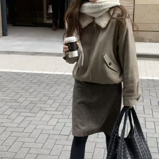 CGC15527-17B 復古翻領拼色雙頭拉鍊保暖百搭呢子毛呢外套(2色)