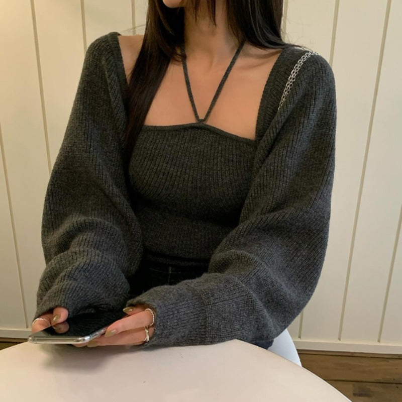 CGD3461-77B 吊帶背心+開衫針織毛衣兩件套(2色)