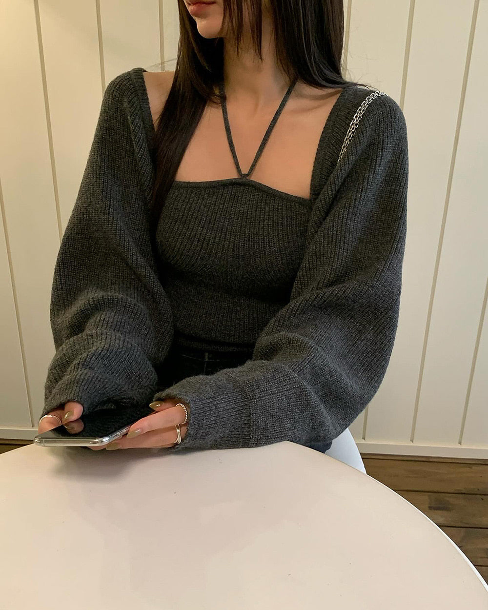 CGD3461-77B 吊帶背心+開衫針織毛衣兩件套(2色)