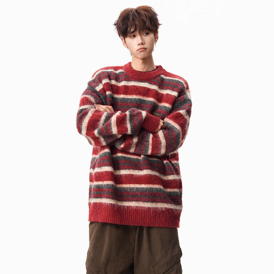 CBD3182-54B 秋季復古寬鬆條紋圓領針織衫