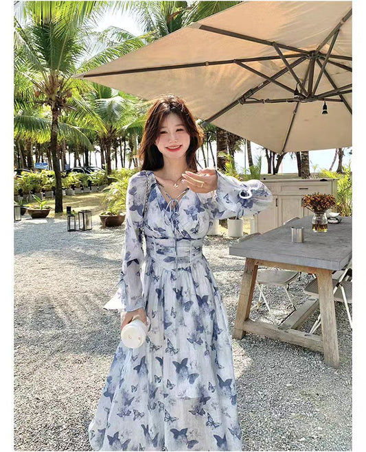 📺︎︎ CGBMD81501-41B 春季雪紡皺印花收腰連衣裙