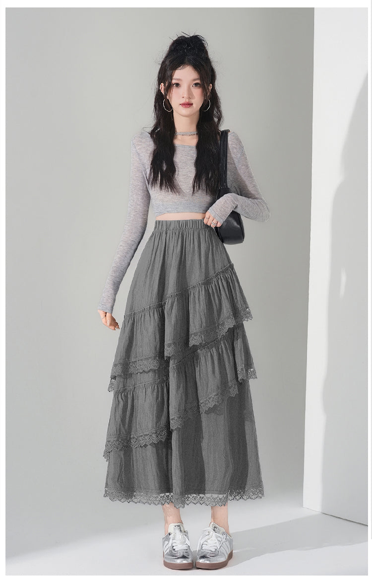 📺︎︎ CGS9326-36H 蕾絲花邊蛋糕裙拼接荷葉邊半身裙(3色)