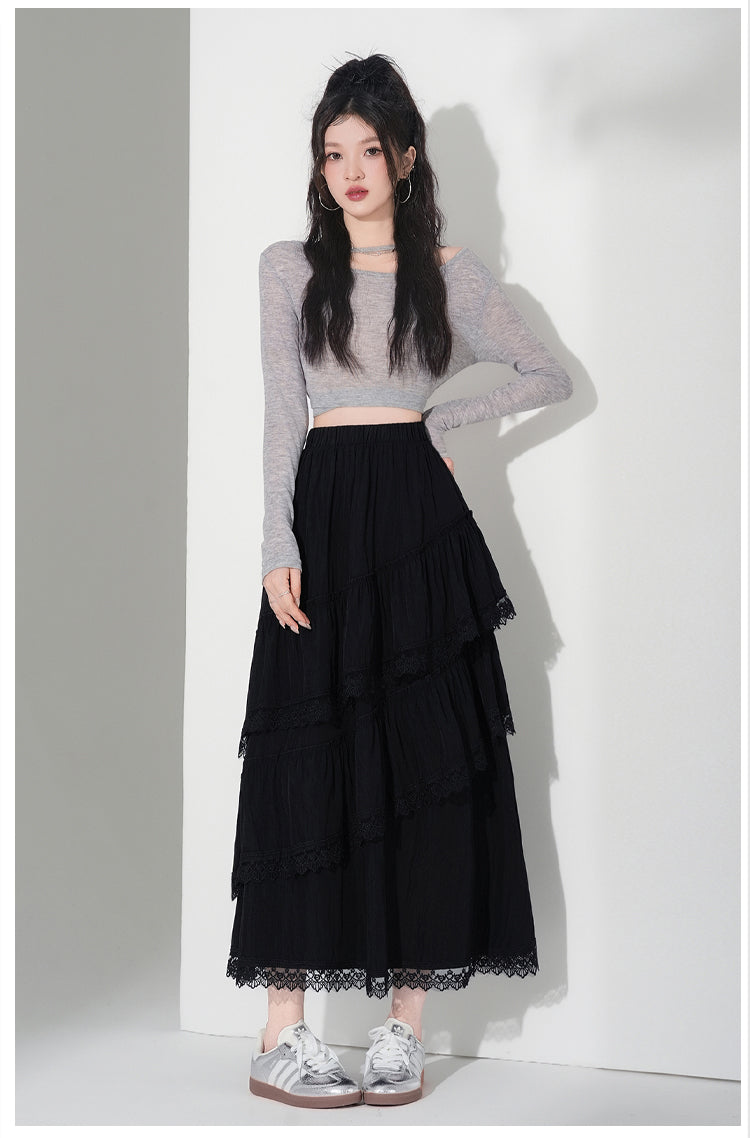 📺︎︎ CGS9326-36H 蕾絲花邊蛋糕裙拼接荷葉邊半身裙(3色)