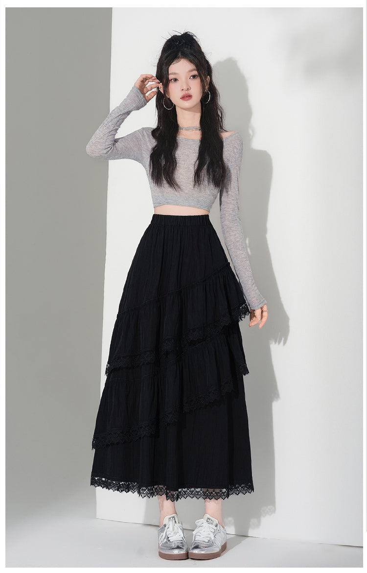 📺︎︎ CGS9326-36H 蕾絲花邊蛋糕裙拼接荷葉邊半身裙(3色)