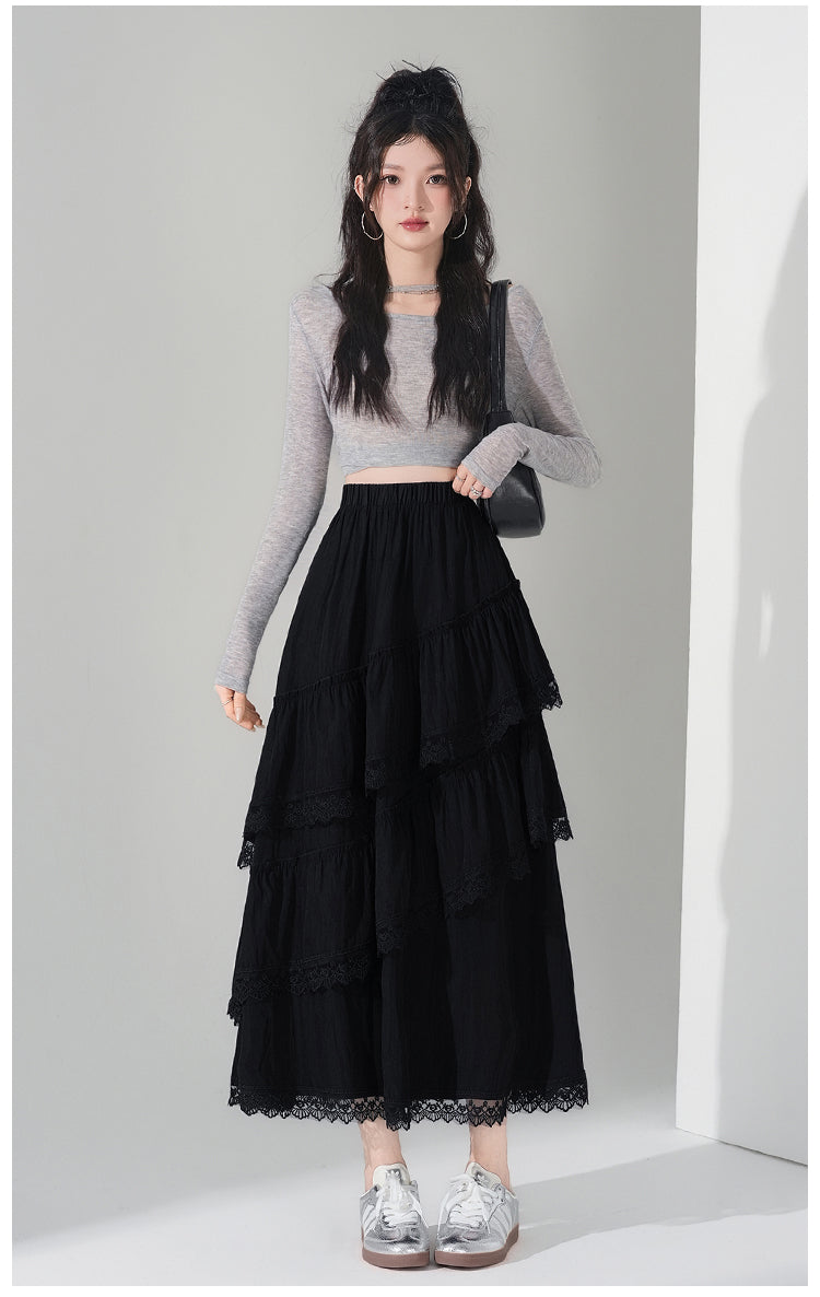 📺︎︎ CGS9326-36H 蕾絲花邊蛋糕裙拼接荷葉邊半身裙(3色)