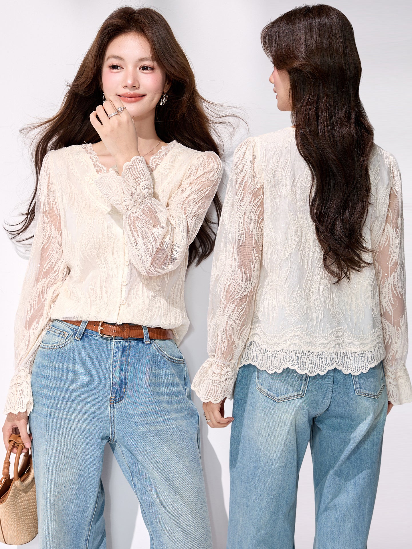 CGD12641-4B 春季蕾絲衫刺繡V領長袖襯衫