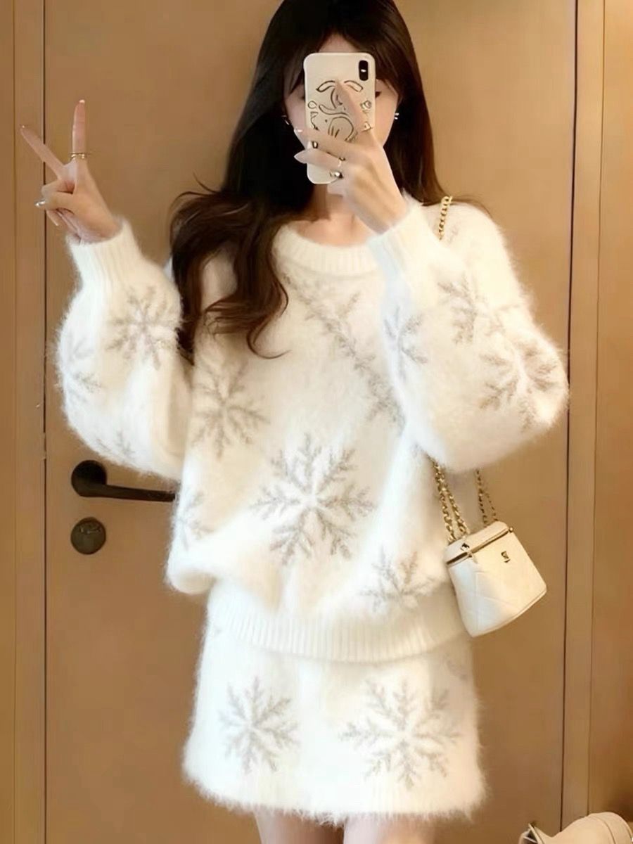 CGB11703-19B 雪花針織套裝秋冬百搭毛衣半身裙兩件套