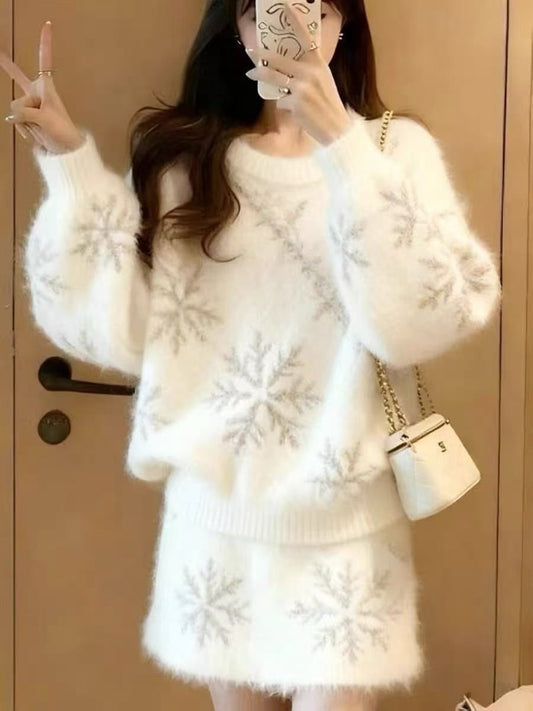 CGB11703-19B 雪花針織套裝秋冬百搭毛衣半身裙兩件套