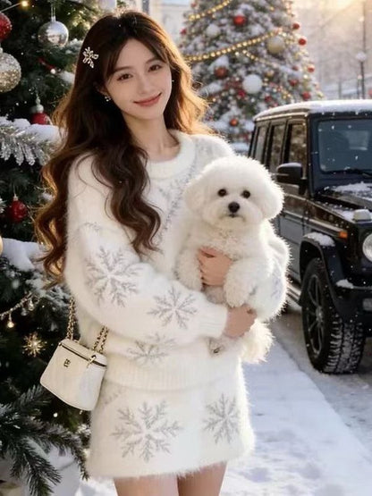 CGB11703-19B 雪花針織套裝秋冬百搭毛衣半身裙兩件套