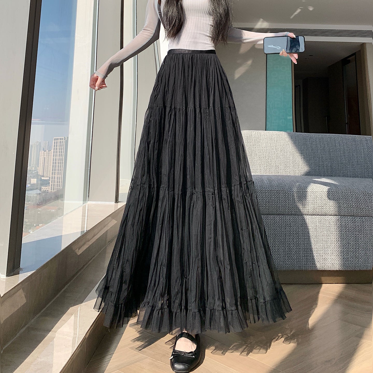 📺︎︎ CGS8606-36H 拼接蛋糕裙春季寬鬆垂感褶皺紗裙(5色)