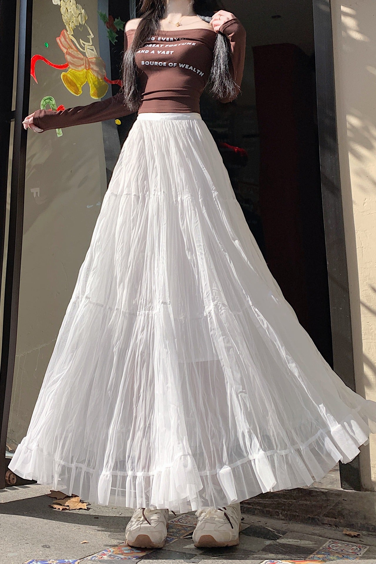 📺︎︎ CGS8606-36H 拼接蛋糕裙春季寬鬆垂感褶皺紗裙(5色)