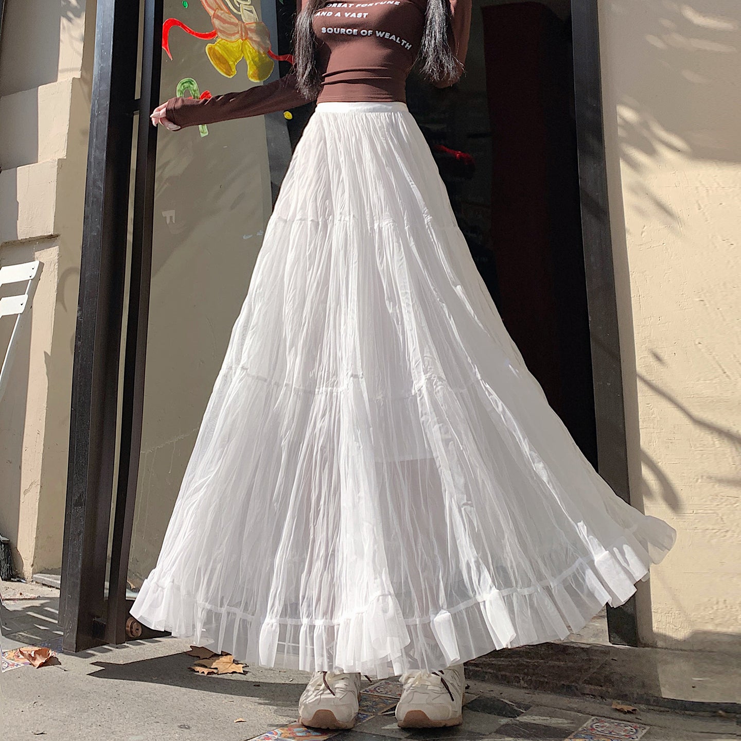 📺︎︎ CGS8606-36H 拼接蛋糕裙春季寬鬆垂感褶皺紗裙(5色)